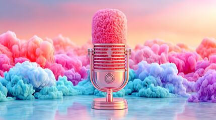 Pastel pink retro microphone amidst colorful smoke clouds