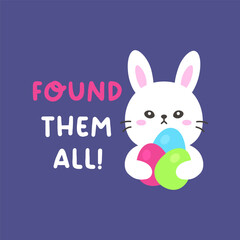 Happy Bunny Holding Three Colorful Easter Eggs