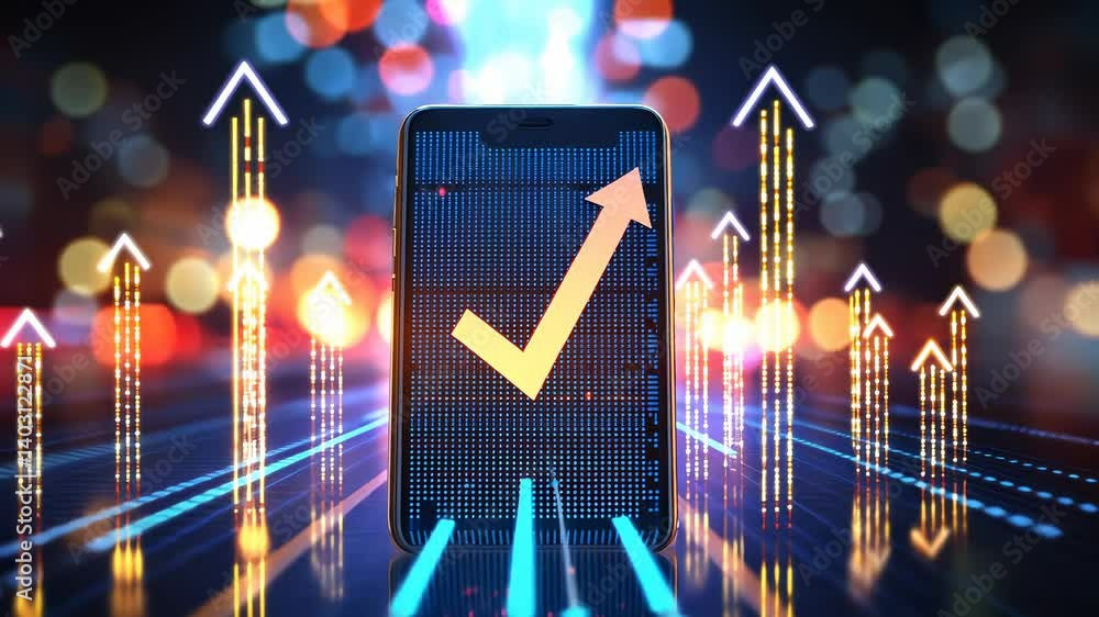 Poster smartphone screen showing glowing abstract technological green checkmark with rising and background 