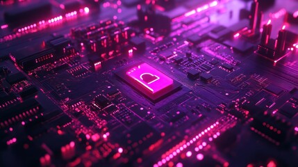 Obraz premium Pink Cyber Security Chip on Circuit Board
