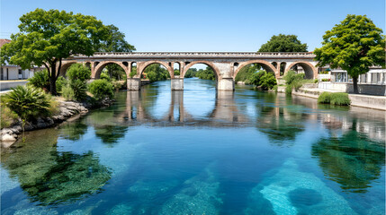 Fototapeta premium Stone arch bridge spanning a crystal-clear river, reflecting vibrant blue water under a sunny sky