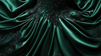Emerald green satin gown with dark embellishment