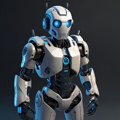 Modern Robot Character - Glowing Blue, Smiling Face Screen, and Playful Gesture