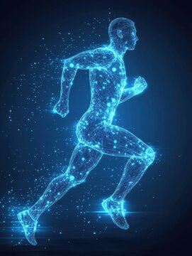 Dynamic runner silhouette with glowing digital wireframe mesh showcasing muscle motion during a freeze-frame moment