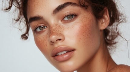Naklejka premium Young woman with curly hair and freckles poses against a soft backdrop, showcasing natural beauty and confidence