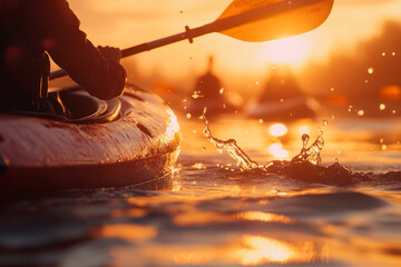 Happy couple kayaking at sunset on a river, enjoying a serene summer adventure together with oars in hand