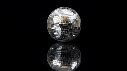 Obraz premium Highly reflective disco ball covered in small square mirrors, floating slightly above a surface, casting subtle reflections against a solid black background for a sleek studio shot. 