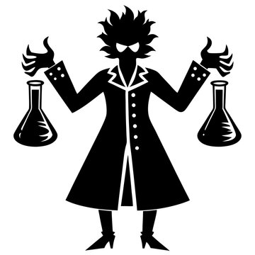 A silhouette of a mad scientist with test tubes, flat black vector