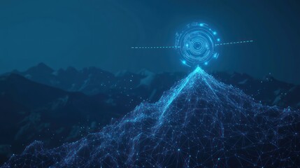 Obraz premium Futuristic mountain peak digital interface, night sky, data visualization, technology concept