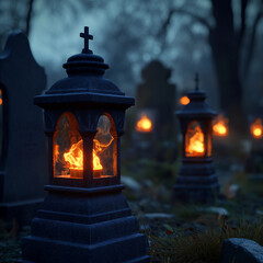 Nighttime cemetery scene with glowing lanterns illuminating gravestones and shadows