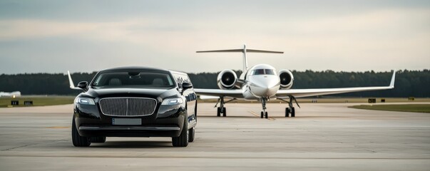A luxurious black car is parked on an airstrip, with a private jet in the background, suggesting high-end travel and sophistication.