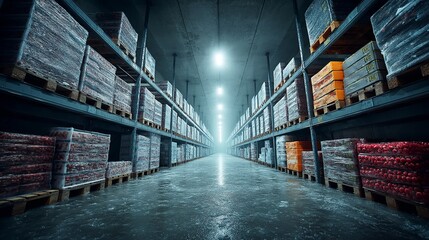 Fototapeta premium A spacious industrial warehouse featuring neatly organized shelves filled with pallets of various goods.