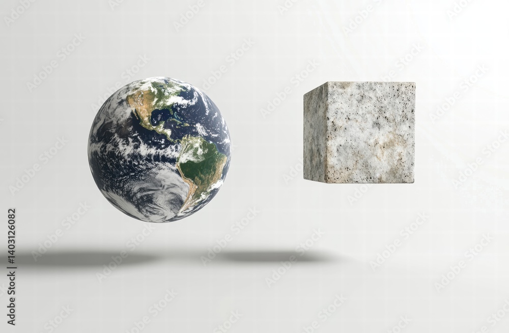 Poster a floating earth next to a concrete cube, symbolizing contrasts between nature and man-made structur