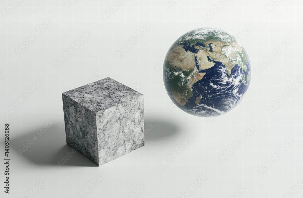 Poster a floating globe next to a textured cube, symbolizing the relationship between natural and artificia