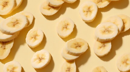 Fresh banana slices arranged in a scattered pattern on a pale yellow background, captured in a flat lay top-down view with bright even lighting.  