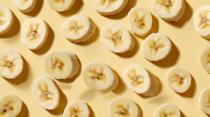 Fresh banana slices arranged in a scattered pattern on a pale yellow background, captured in a flat lay top-down view with bright even lighting.  
