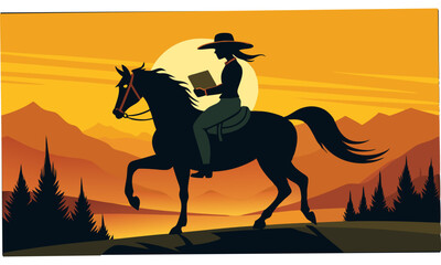 Naklejka premium Download Cowgirl Silhouette Riding Horse Backwards With Book Svg File For Design.