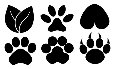 Fototapeta premium Download Vector Illustration Of Six Animal Footprint Silhouettes: Bear Paw, Dog Paw, Bird Footprint, Horse Hoof, Elephant Footprint, And Cat Paw Svg File For Design.