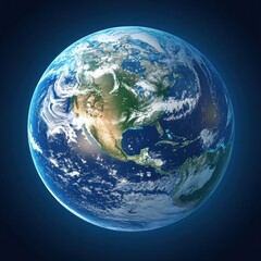 A stunning depiction of Earth from space, showcasing its continents, oceans, and atmospheric features against a dark background.