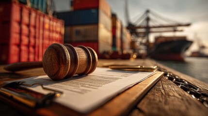 A gavel rests on legal documents, with colorful shipping containers and a ship in the background, symbolizing maritime law and trade.