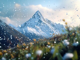A snowy mountain peak rises above a field of wildflowers, with gentle snowfall.