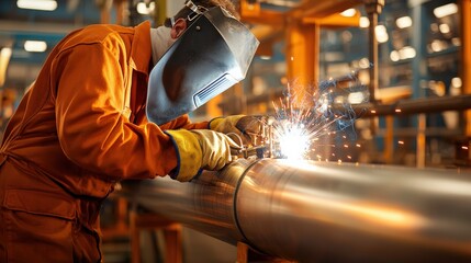 A skilled worker welding metal pipes in an industrial setting, showcasing sparks and protective gear for safety.