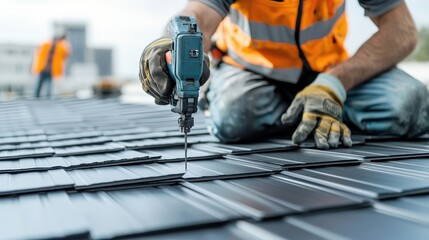 A construction worker installs solar panels on a roof, demonstrating hands-on work with a power tool in a modern urban environment.