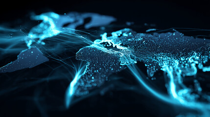 Abstract world map, glowing blue nodes and lines, illustrating global network connections, symbolizing data flow, communication, and technology