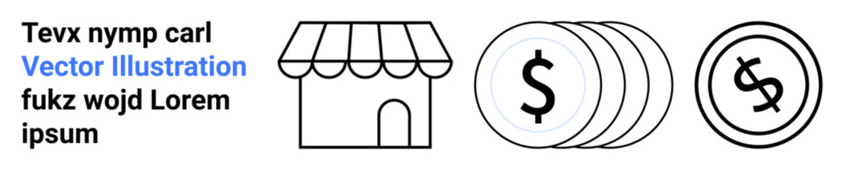 Storefront icon alongside stacked dollar coins and circular currency sign, representing business, finance, profits, commerce, investment, and economic concepts. Ideal for retail, startups