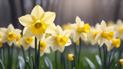 Fototapeta premium A vibrant yellow daffodil glowing against a soft springtime smoothly blurred in the background.