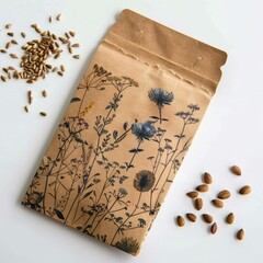 Seed Packet with Flower Design and Loose Seeds and Nuts on White Background for Gardening or Agriculture Imagery
