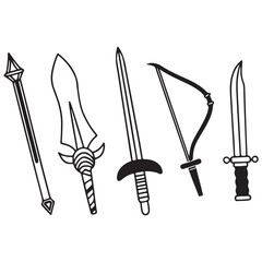 RPG weapon icon set vector illustration, vector fantasy game sword collection, dungeon dragon battle attack object kit: magic sorcerer staff, warrior dagger, medieval bow, arrow, 