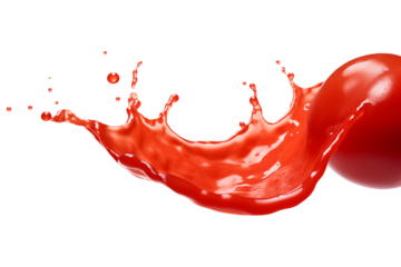 Levitating tomato in a splash of tomato juice isolated on a transparent background.