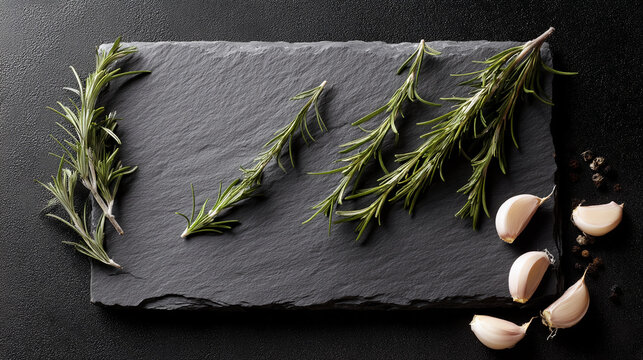 Dark slate board with rosemary sprigs and garlic cloves, showcasing culinary herbs and ingredients, ideal for recipe or food blog background