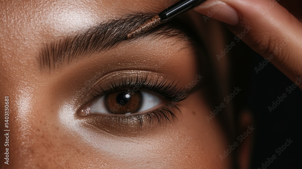 Poster close-up view of a person shaping their eyebrows with an applicator in a beauty routine at home