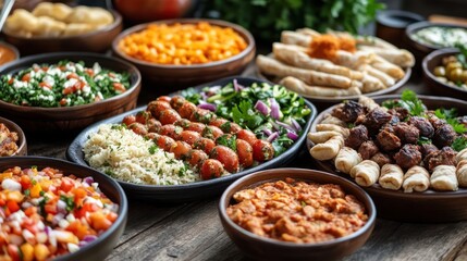 Obraz premium Rustic table, diverse Middle Eastern buffet, food photography, website banner