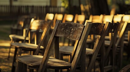 Rustic wooden chairs for outdoor event seating arrangement wedding ceremony event space rental concept