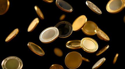 Cryptocurrencies falling on black background: bitcoin, litecoin, ethereum and other coins dropping