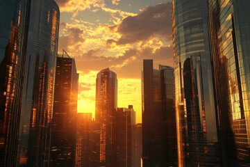 Obraz premium Modern skyscrapers reflect the golden sunset glow in urban architecture