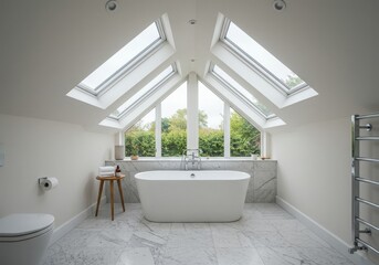 Bright bathroom interior featuring a freestanding tub and skylights in an attic conversion