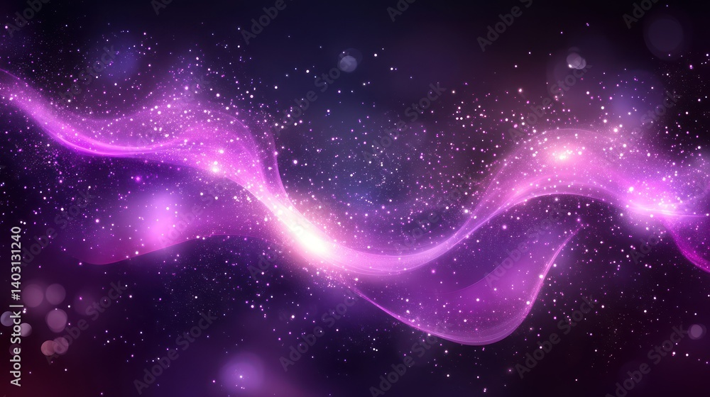 Poster purple energy wave flows in cosmic space; bokeh background; website header