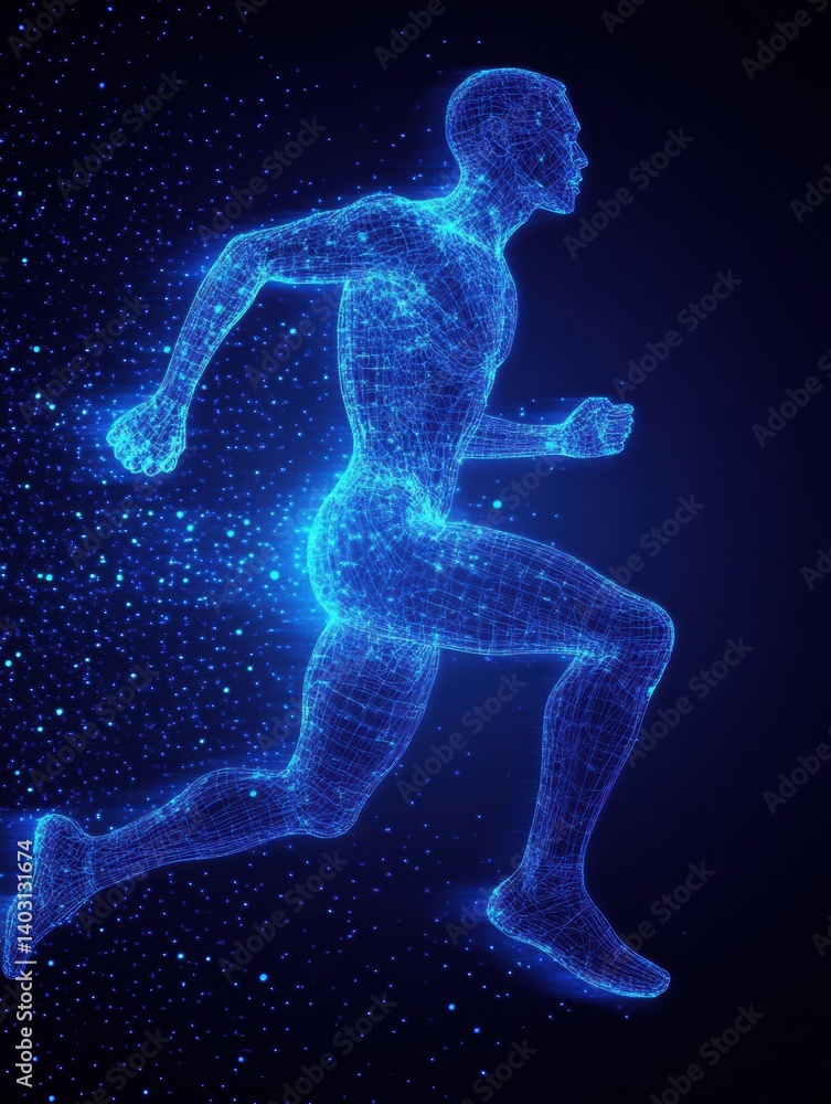 Poster dynamic runner silhouette depicting muscle structure through glowing digital wireframe mesh in a mot