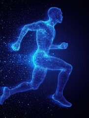Fototapeta premium Dynamic runner silhouette depicting muscle structure through glowing digital wireframe mesh in a motion freeze effect against a dark background
