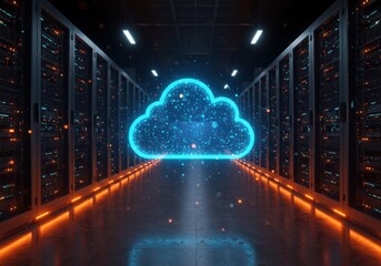 A glowing cloud in a server room with orange lights and dark equipment racks on either side of the cloud