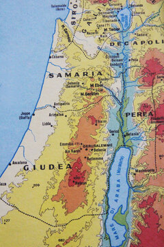 Ancient biblical map of Palestine showing Judea, Samaria, Galilee, and surrounding regions during the time of Jesus, with notable cities like Jerusalem, Nazareth, and Jericho.