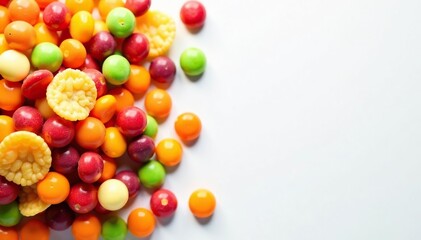 Obraz premium Pile of colorful candy, chips, and soda on white , unhealthy lifestyle, white