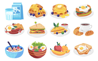 Diverse Breakfast Delight: An array of mouthwatering breakfast dishes and drinks arranged on plates, inviting a feast for the eyes and a symphony of flavors, a colorful scene of culinary abundance.