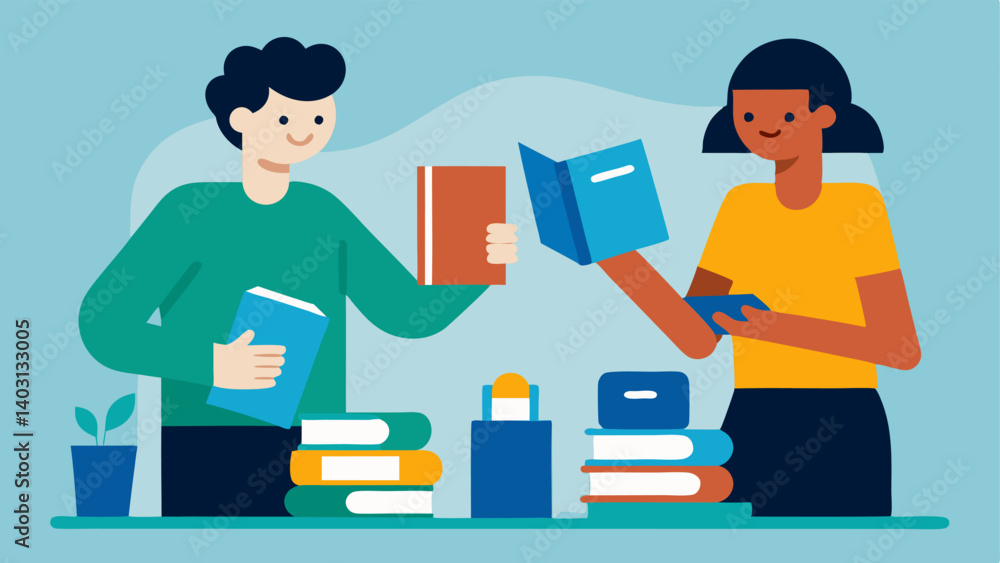 Poster resource sharing individuals exchanging books pamphlets and tools on a table with a backdrop illustr