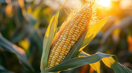Ripe corn cob sunset field agriculture harvest