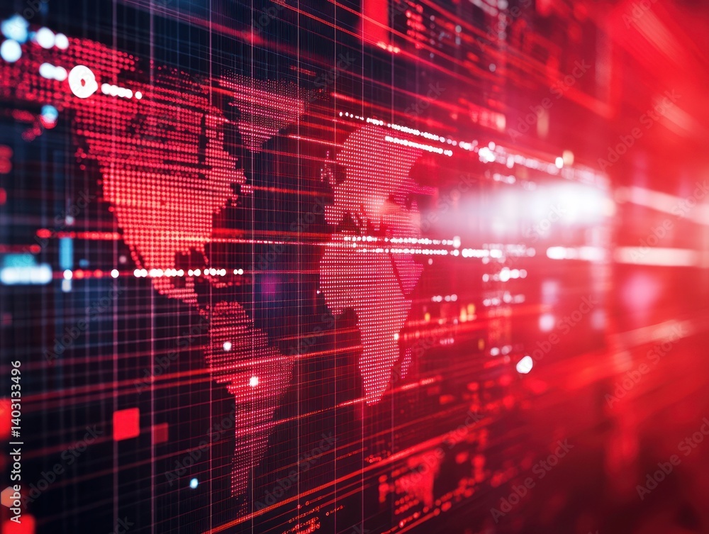 Poster abstract digital world map with red data streams